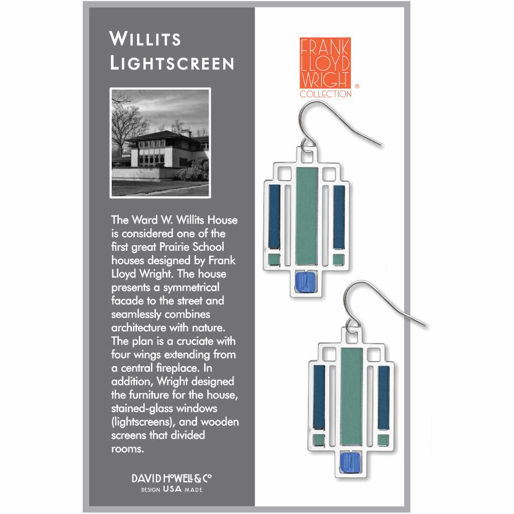 Willits Lightscreen Earrings: silver-tone geometric earrings inspired by Frank Lloyd Wright's Willits House lightscreen design, featuring teal, turquoise, and cobalt blue stained-glass-style accents.