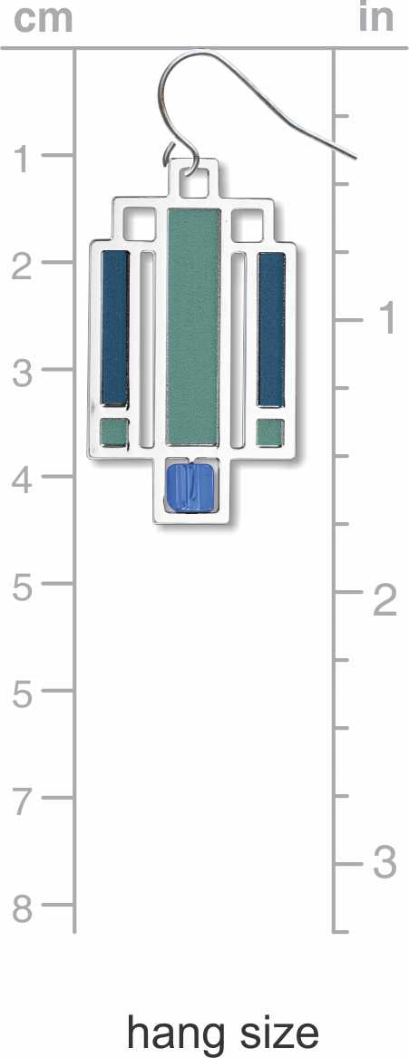 Willits Lightscreen Earrings: silver-tone geometric earrings inspired by Frank Lloyd Wright's Willits House lightscreen design, featuring teal, turquoise, and cobalt blue stained-glass-style accents shown on centimeter and inch measurement chart