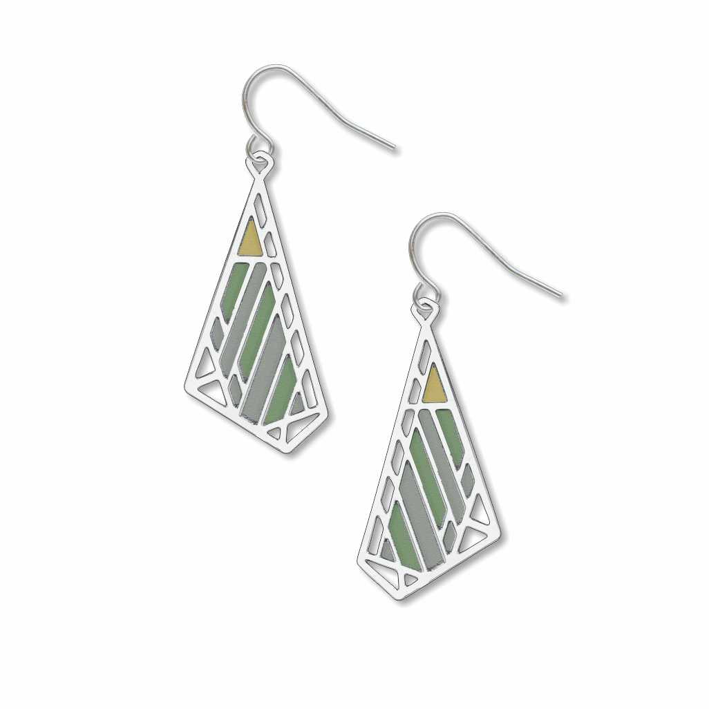Dana-Thomas Butterfly Earrings, silver-tone geometric butterfly earrings with sage green, olive green, and golden yellow accents on white background