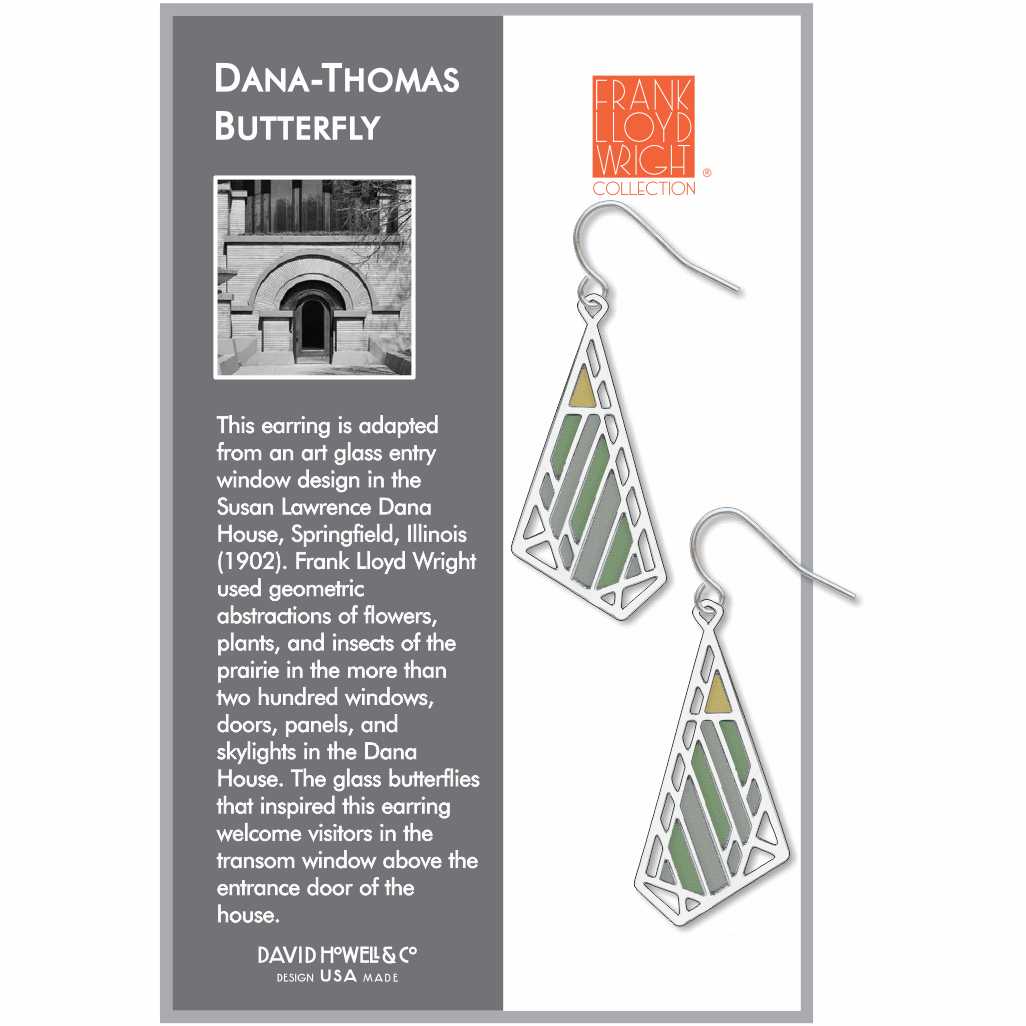 Dana-Thomas Butterfly Earrings, silver-tone geometric butterfly earrings with sage green, olive green, and golden yellow accents.