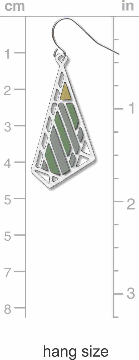 Dana-Thomas Butterfly Earrings, silver-tone geometric butterfly earrings with sage green, olive green, and golden yellow accents shown on measurement chart