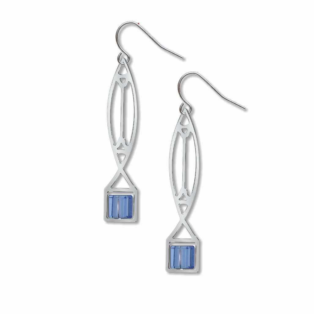 Winslow Lightscreen Earrings, silver-tone elongated geometric earrings with translucent light blue stained-glass-inspired accents on white background