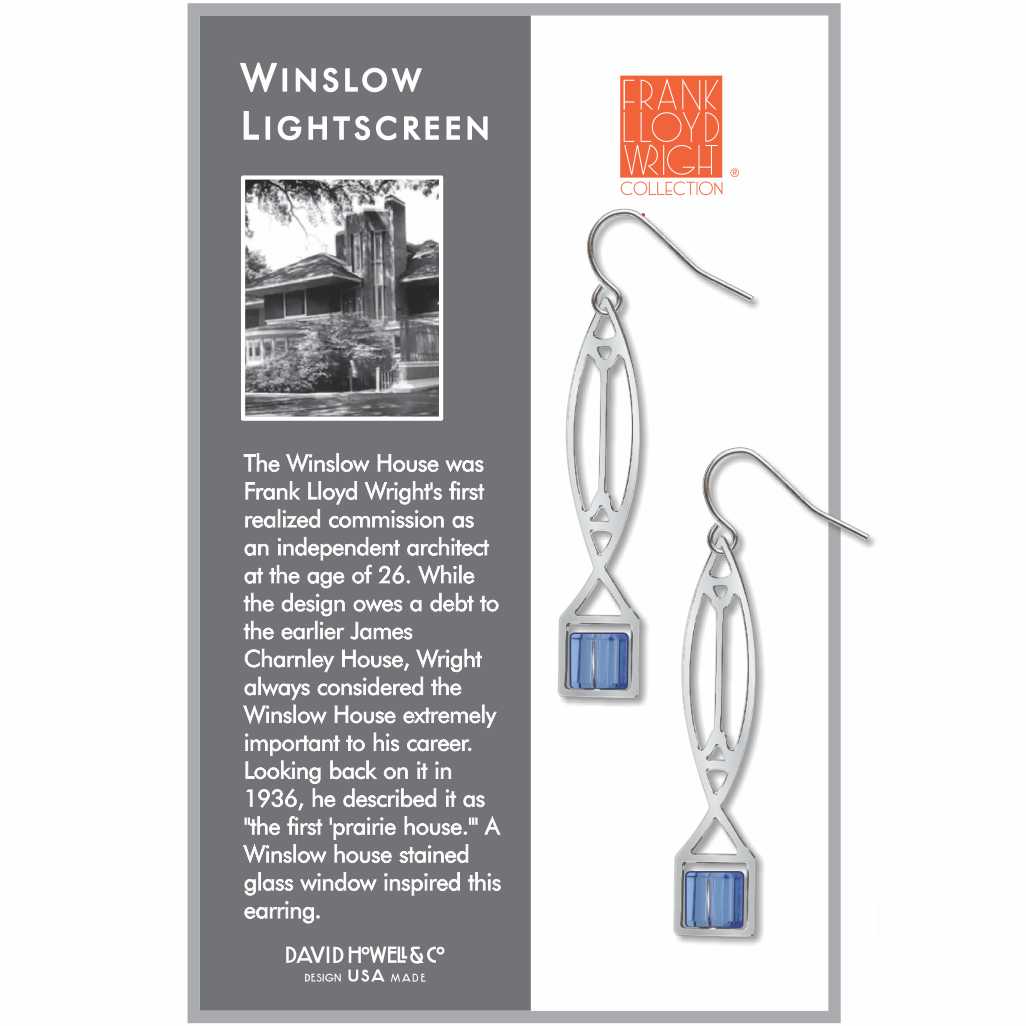 Winslow Lightscreen Earrings, silver-tone elongated geometric earrings with translucent light blue stained-glass-inspired accents.