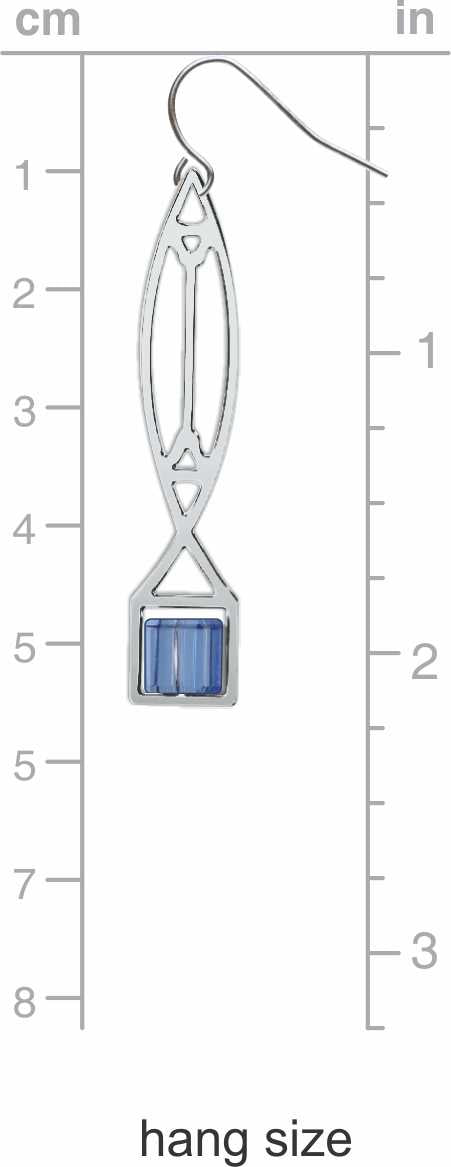 Winslow Lightscreen Earrings, silver-tone elongated geometric earrings with translucent light blue stained-glass-inspired accents shown on measurement chart