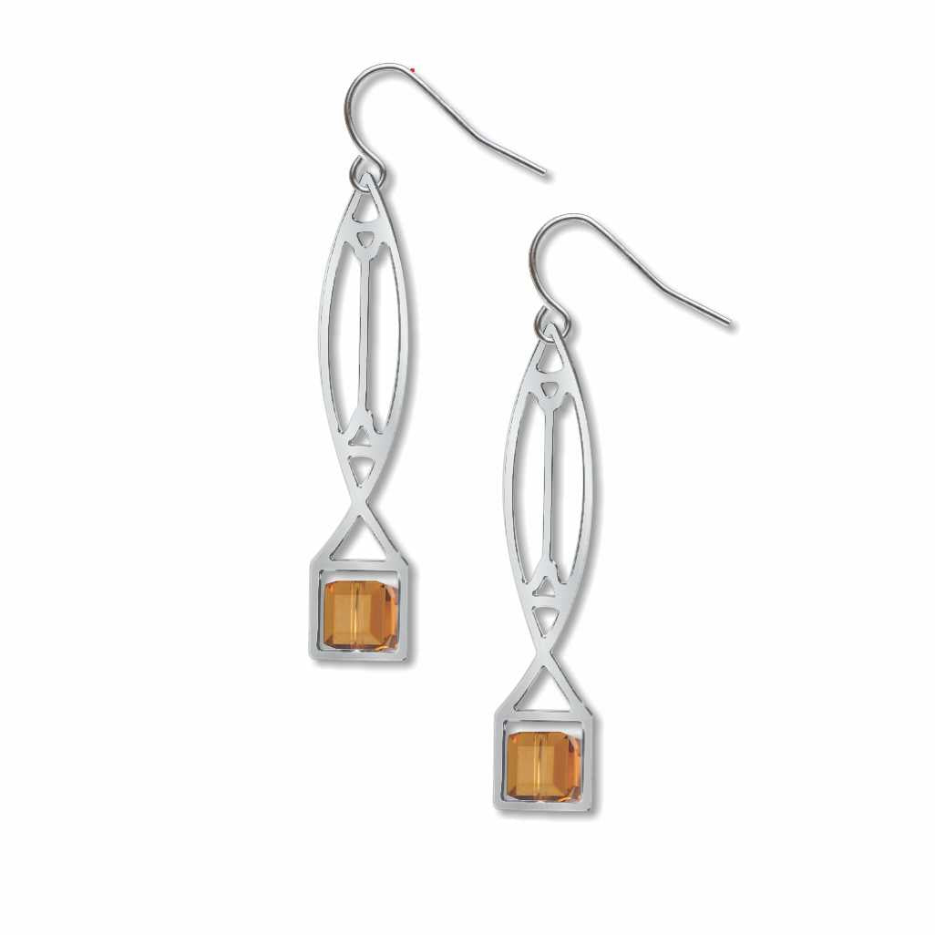 Winslow Lightscreen Earrings, silver-tone elongated geometric earrings with amber-orange stained-glass-inspired accents on white background
