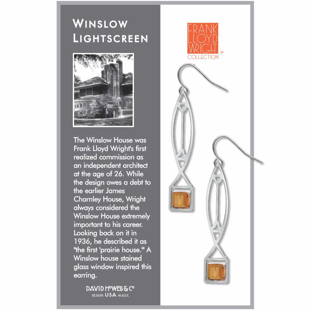 Winslow Lightscreen Earrings, silver-tone elongated geometric earrings with amber-orange stained-glass-inspired accents.