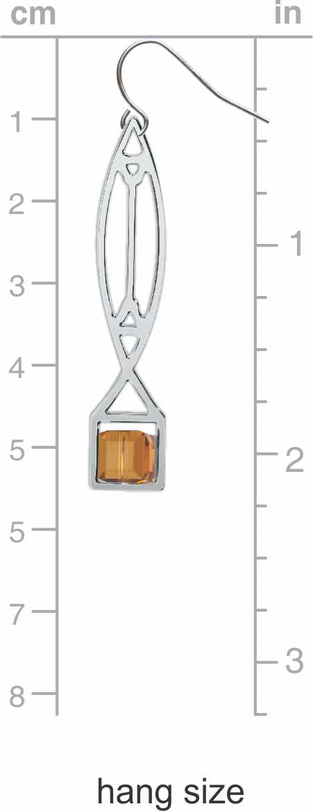 Winslow Lightscreen Earrings, silver-tone elongated geometric earring with amber-orange stained-glass-inspired accents shown on measurement chart