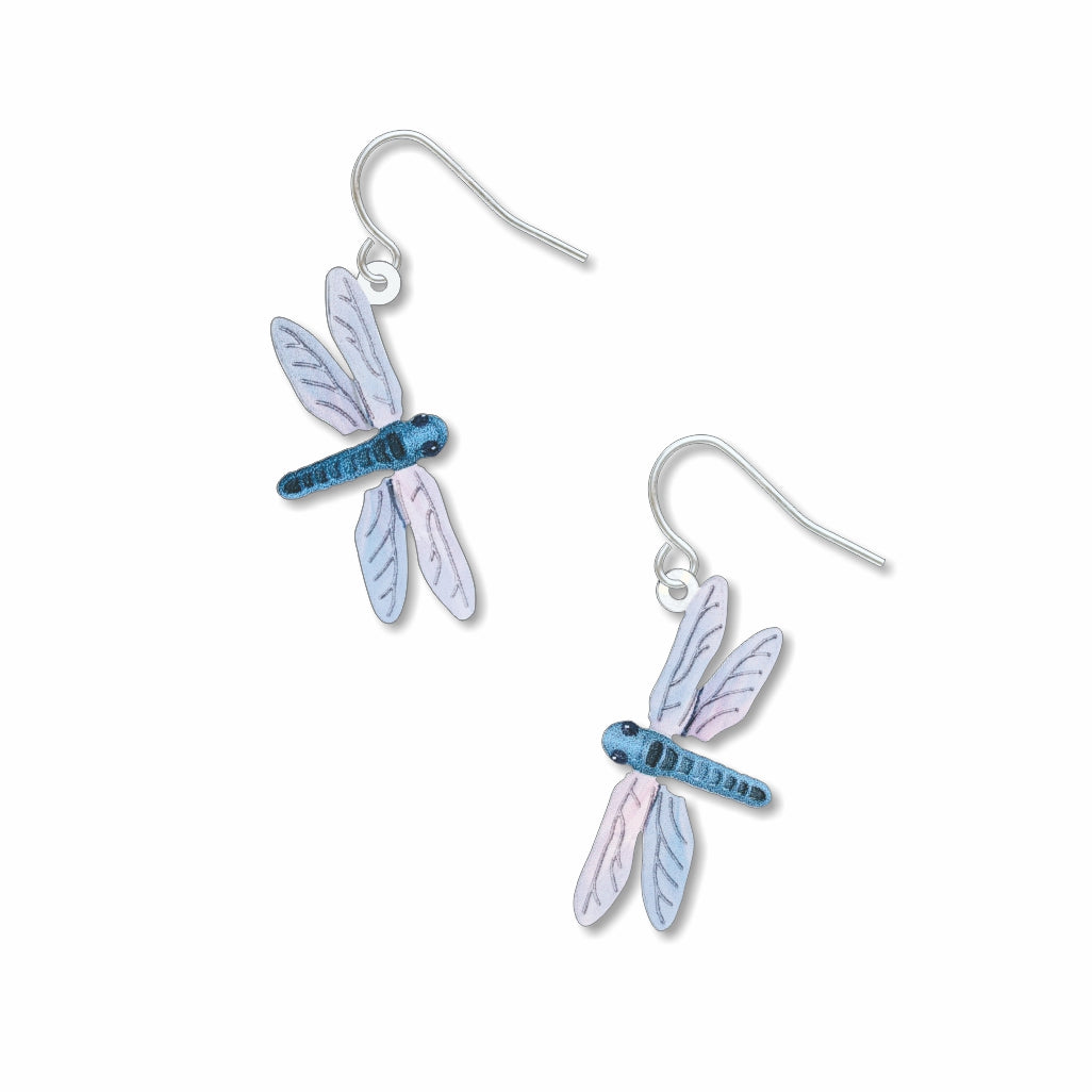 Dragonfly earrings: pair of blue and lavender dragonfly drop earrings on light neutral background.