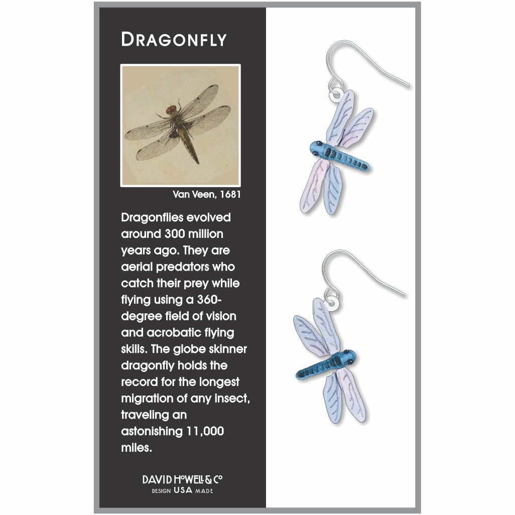 Dragonfly earrings: blue and lavender dragonfly drop earrings on display card with artwork inspiration.