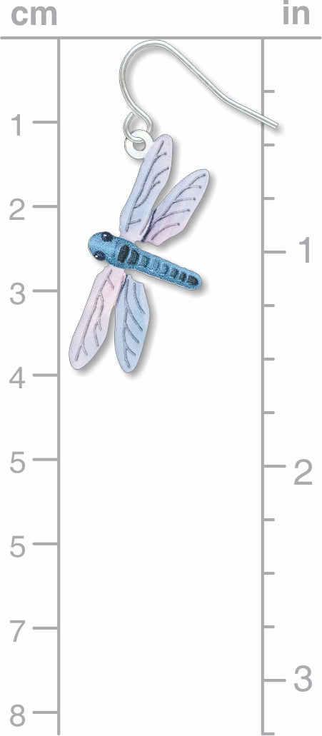 Dragonfly earrings: blue and lavender dragonfly drop earring against measurement chart.