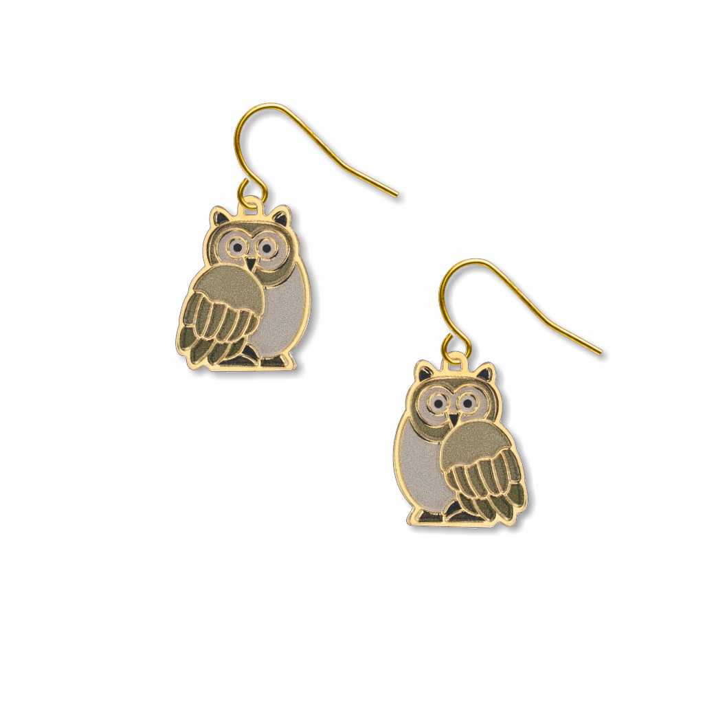 Owls Earrings: gold-tone owl earrings inspired by a stained-glass window design, featuring gray and cream owl details on white backhground