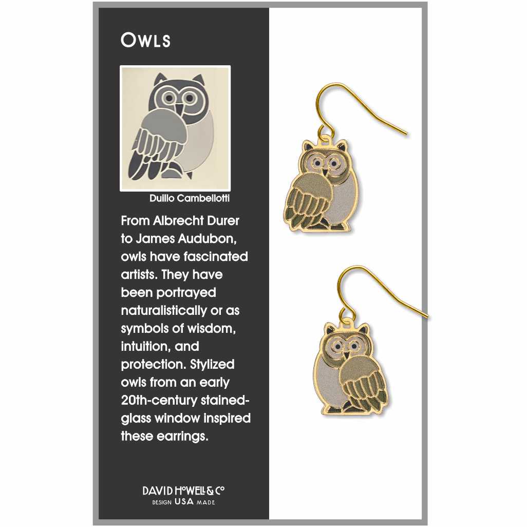 Owls Earrings: gold-tone owl earrings inspired by a stained-glass window design, featuring gray and cream owl details.