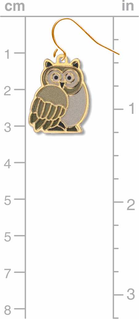 Owls Earrings: gold-tone owl earrings inspired by a stained-glass window design, featuring gray and cream owl details shown on centimeter and inch measurement chart