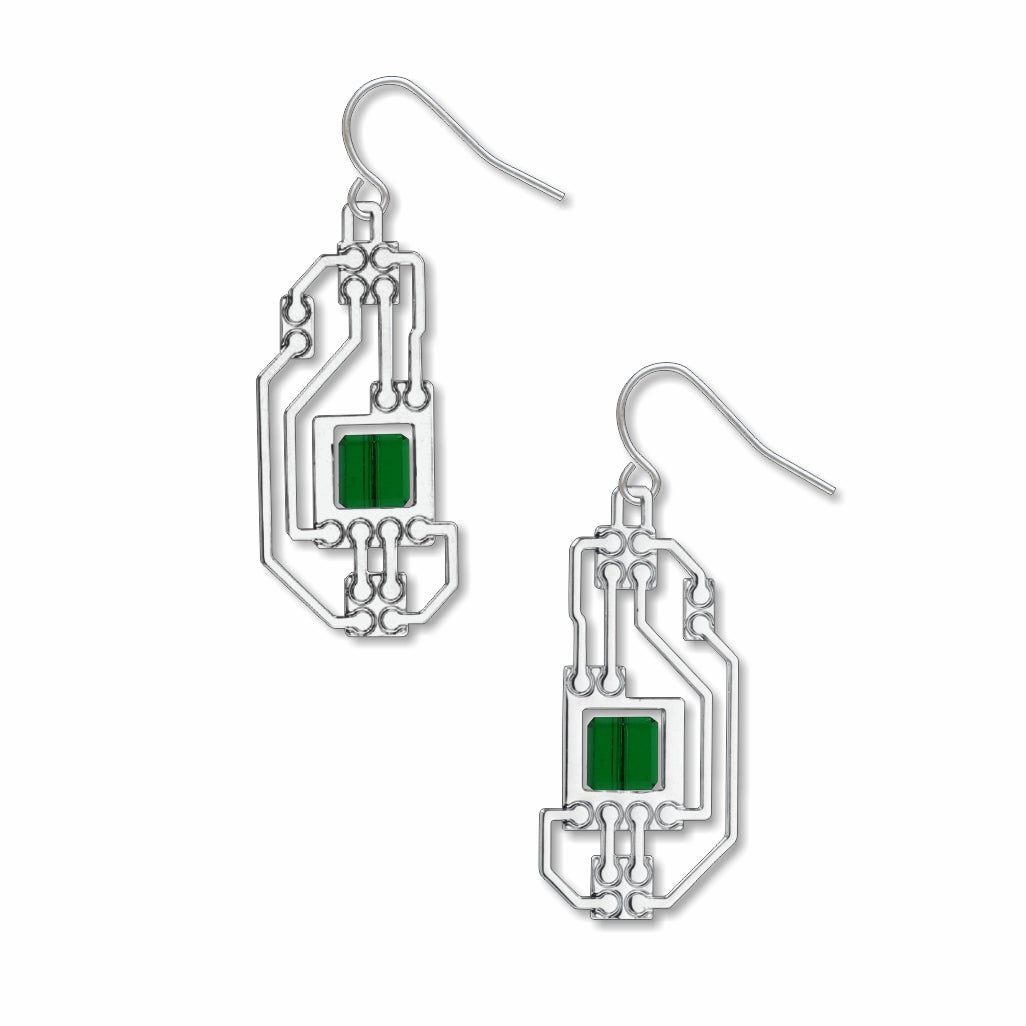 Circuits silver drop earrings with openwork circuit board-inspired detailing and translucent green geometric accents in a modern industrial design