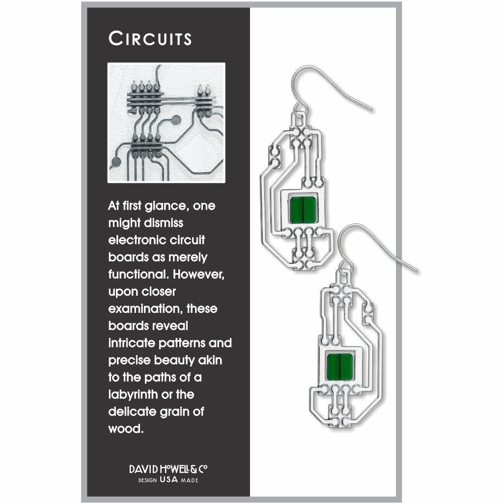 Circuits abstract silver drop earrings with intricate circuit board-inspired lines and translucent green geometric accents influenced by electronic circuitry patterns
