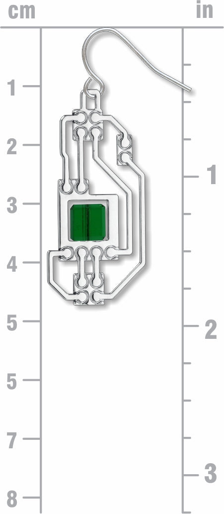 Circuits silver drop earring with openwork circuit board-inspired detailing and a translucent green geometric accent shown against a centimeter and inch measurement guide