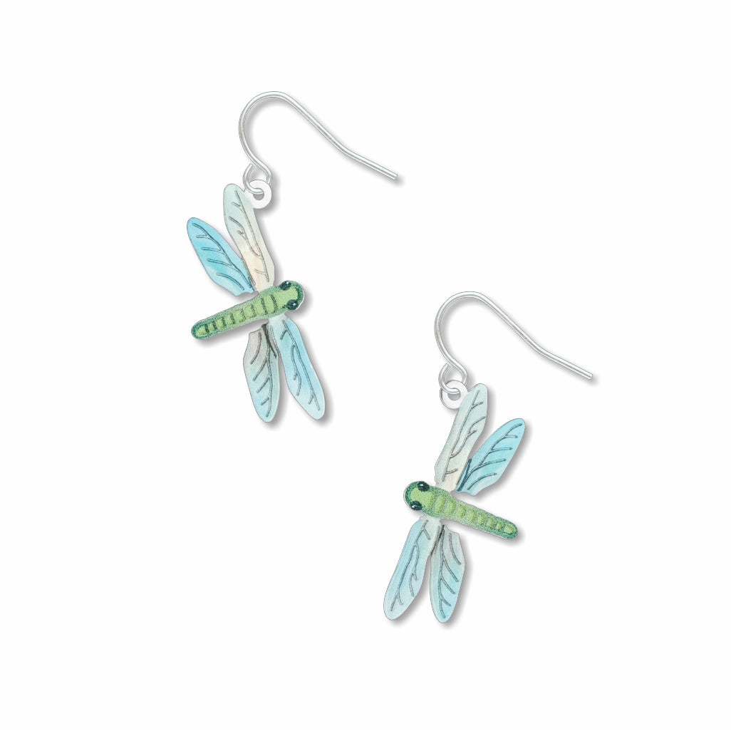 Dragonfly earrings: green and blue dragonfly drop earrings on a white background