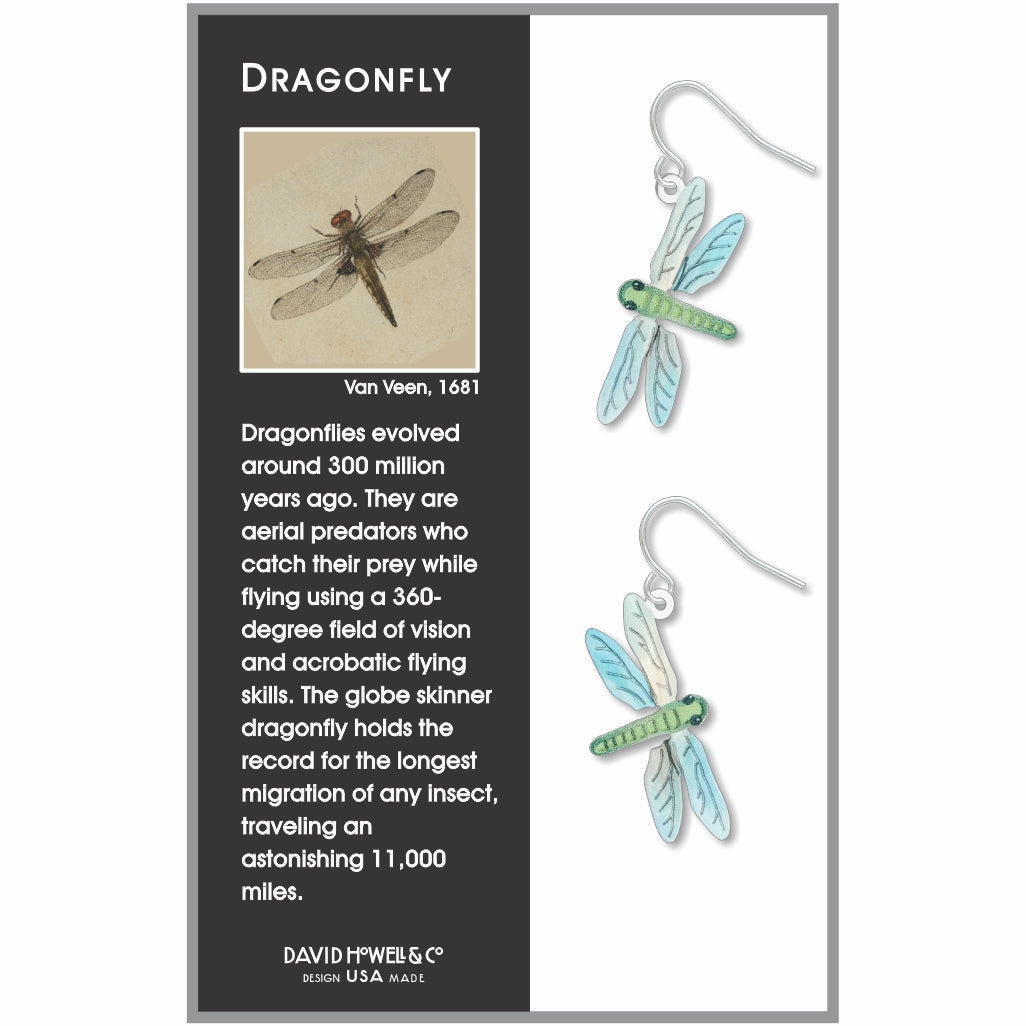 Dragonfly earrings: green and blue dragonfly drop earrings on display card with dragonfly artwork inspiration.
