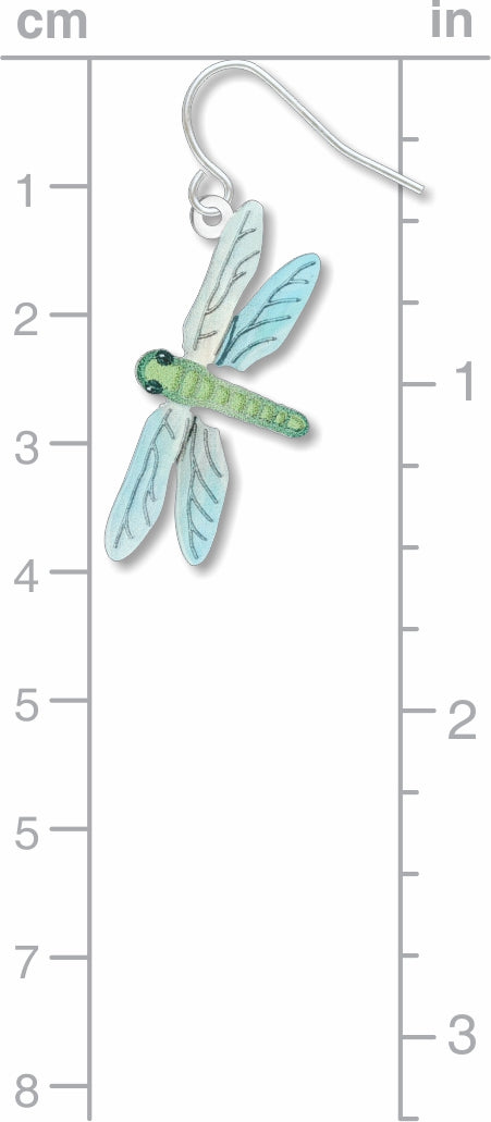 Dragonfly earrings: green and blue dragonfly drop earring against a measurement chart