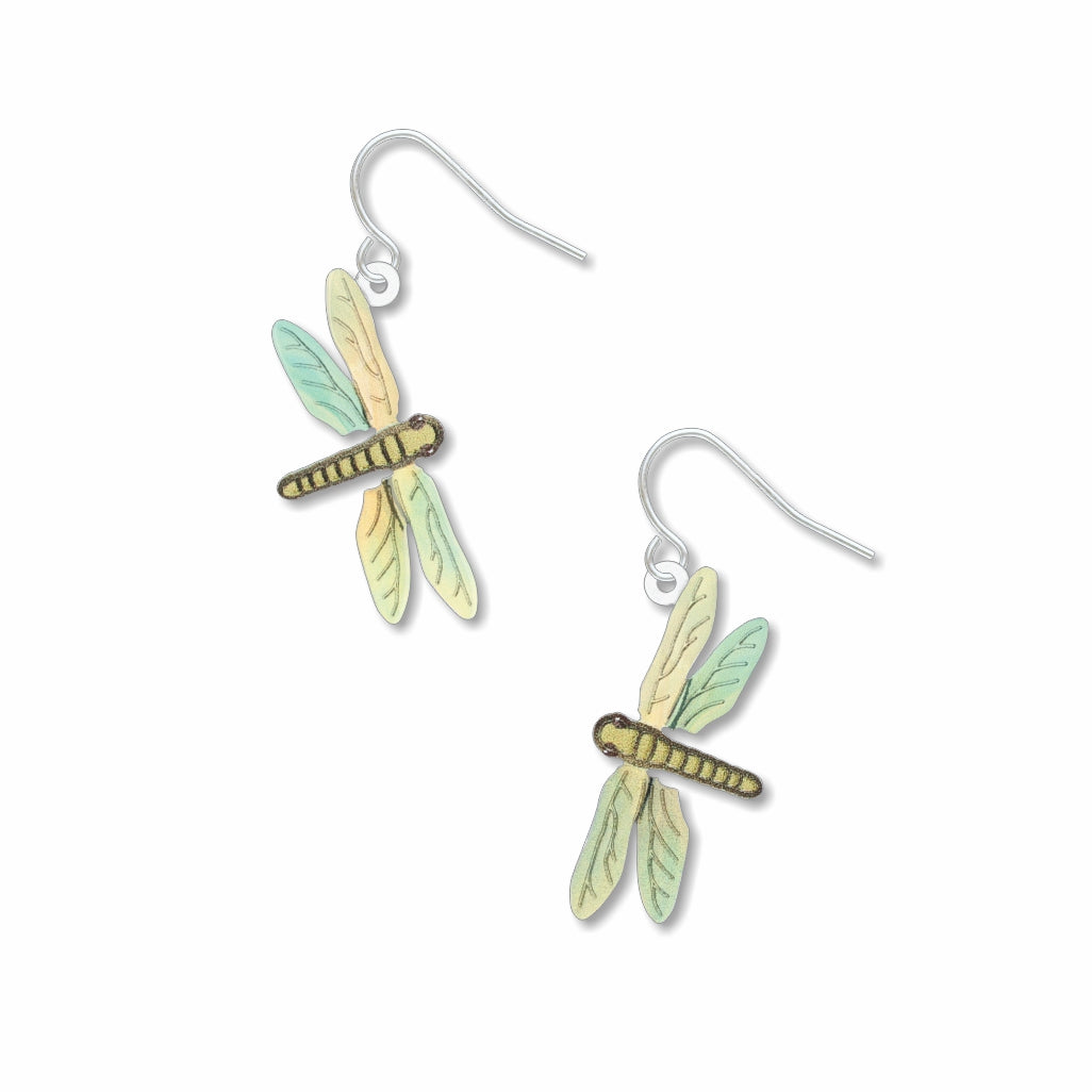 Dragonfly earrings: pair of pastel yellow, green, and blue dragonfly drop earrings on light neutral background.