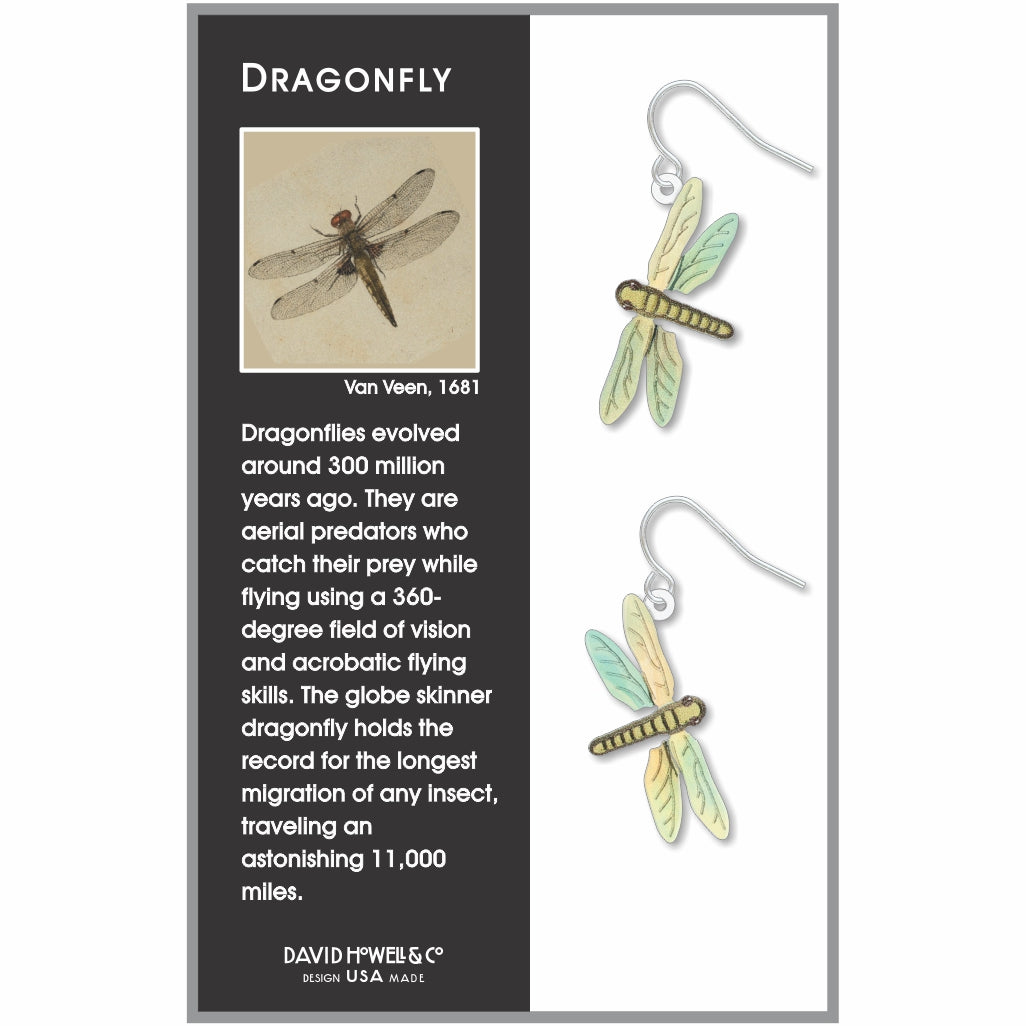 Dragonfly earrings: pastel yellow, green, and blue dragonfly drop earrings on display card with dragonfly artwork inspiration.