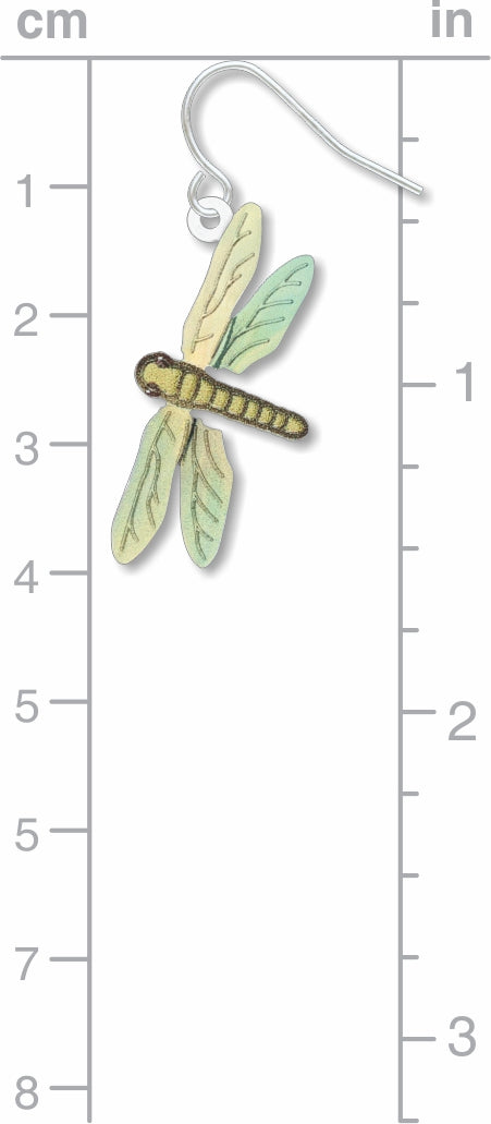 Dragonfly earrings: pastel yellow, green, and blue dragonfly drop earring on a measurement chart