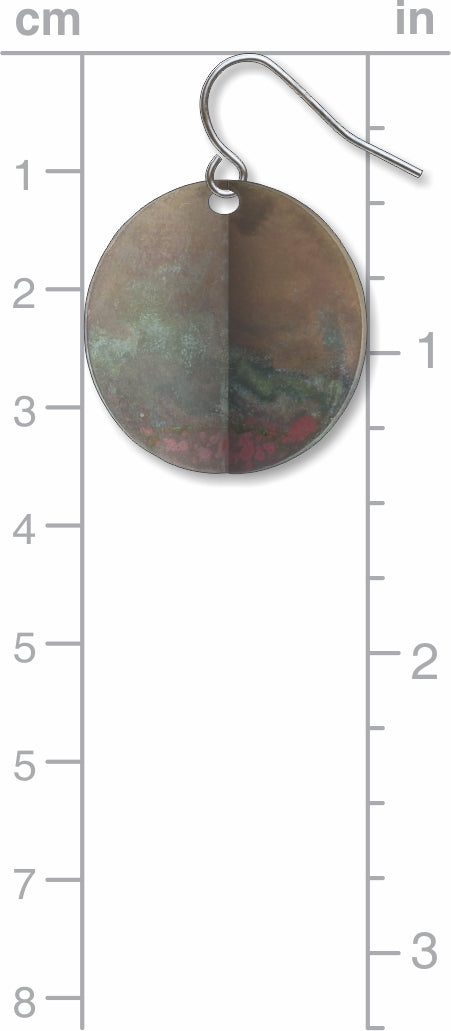 An Orb circular drop earring with a distressed patina finish and abstract sculptural design, shown with size scale for reference