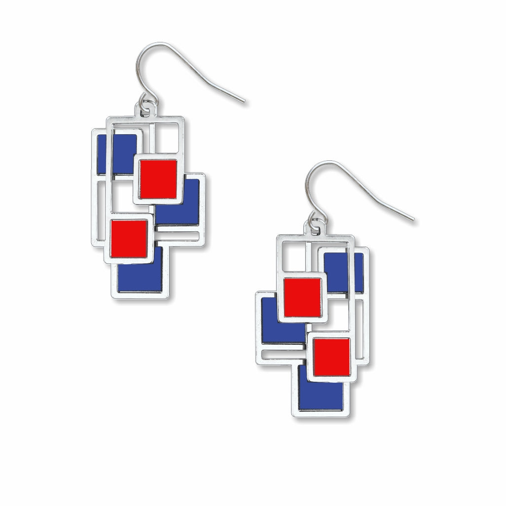 Abstract 1 earrings featuring overlapping geometric silver-tone frames accented with bold red and blue squares inspired by modern abstract art.