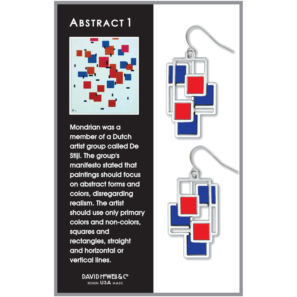 Abstract 1 earrings inspired by Mondrian’s geometric abstract style, featuring layered silver-tone rectangles with bold red and blue accents.