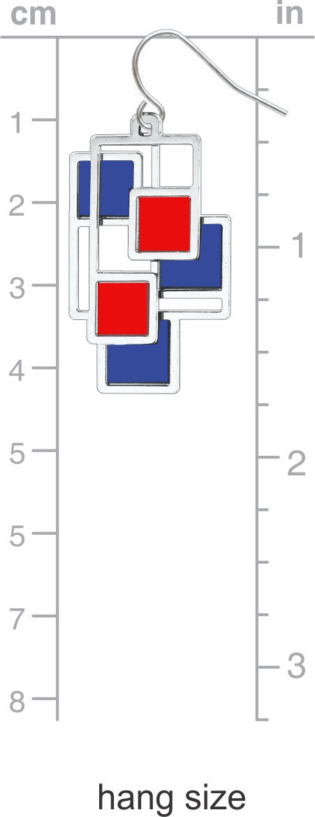Abstract 1 earring hang size shown at approximately 1.5 inches long, featuring layered geometric silver-tone shapes with red and blue accents.