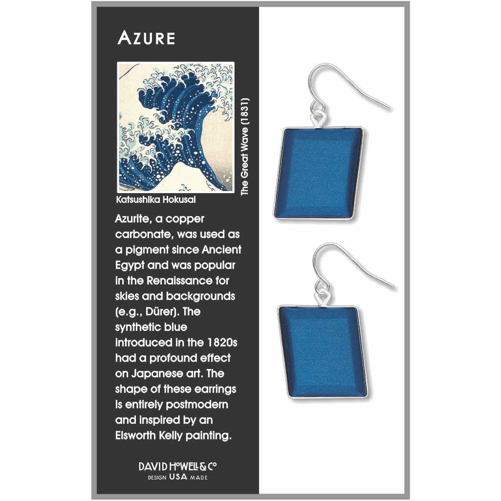 Azure drop earrings featuring square, deep blue enamel panels in a clean, modern geometric design inspired by classic pigment and art history.
