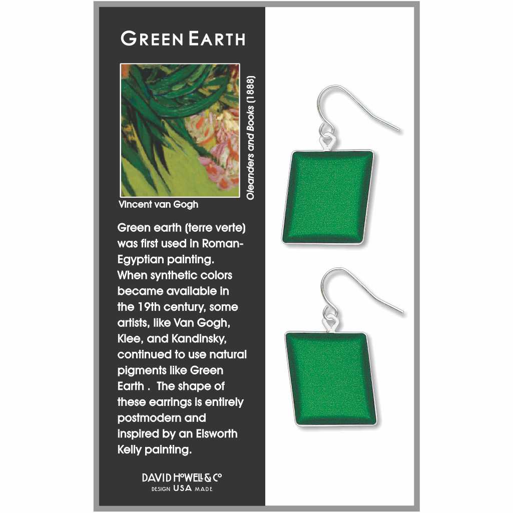 Green Earth drop earrings featuring square, rich green enamel panels in a clean, modern geometric design inspired by natural pigments and abstract art.