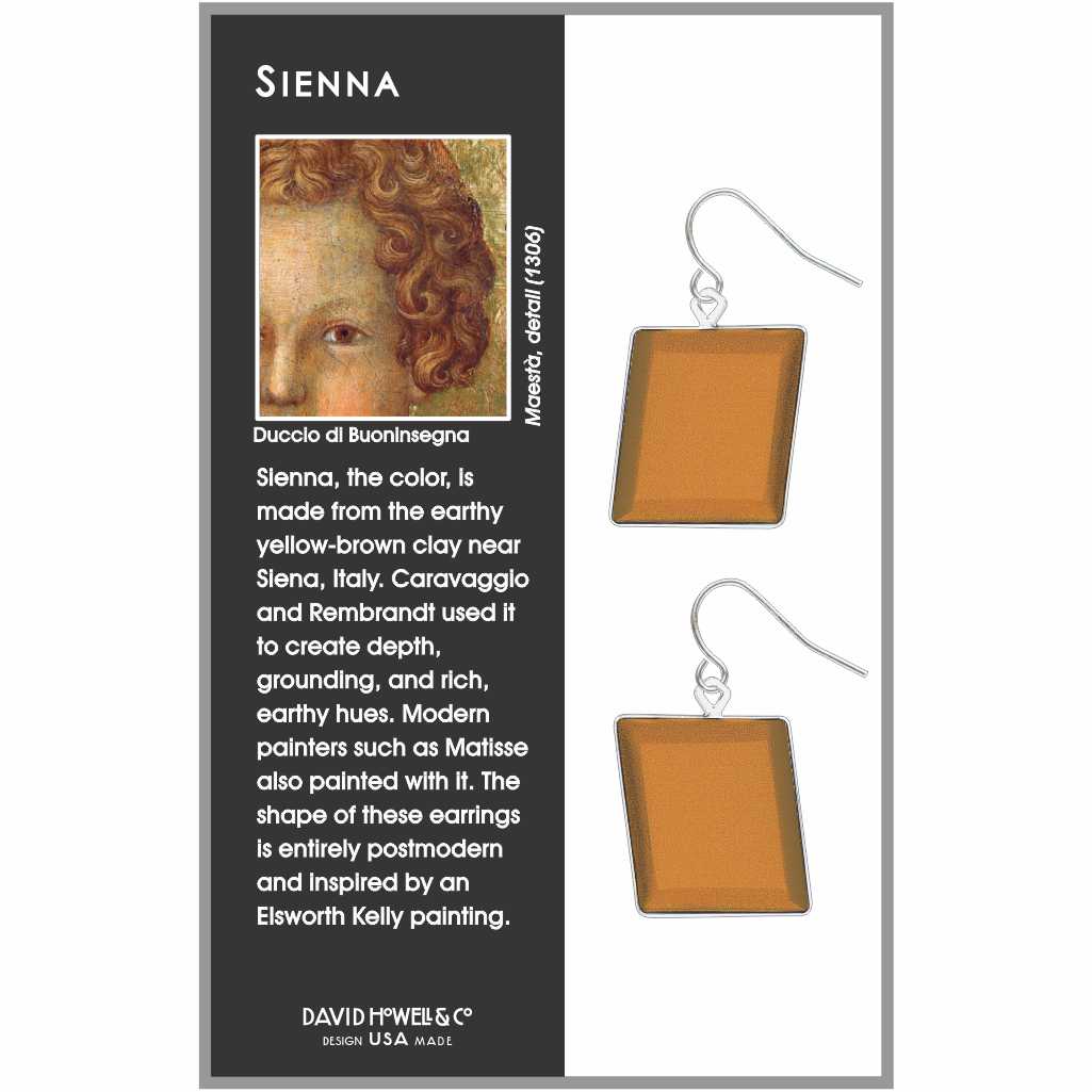 Sienna drop earrings featuring square, warm brown enamel panels in a clean, modern geometric design inspired by rich, earthy pigments.