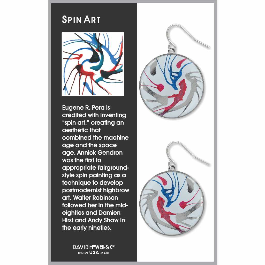Spin Art drop earrings featuring a circular design with abstract swirls of red, blue, and gray, inspired by dynamic spin painting and modern art movement.