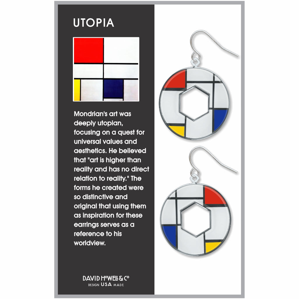 Utopia dangling earrings featuring circular geometric designs with silver-tone frames and red, blue, and yellow abstract accents inspired by Mondrian artwork.