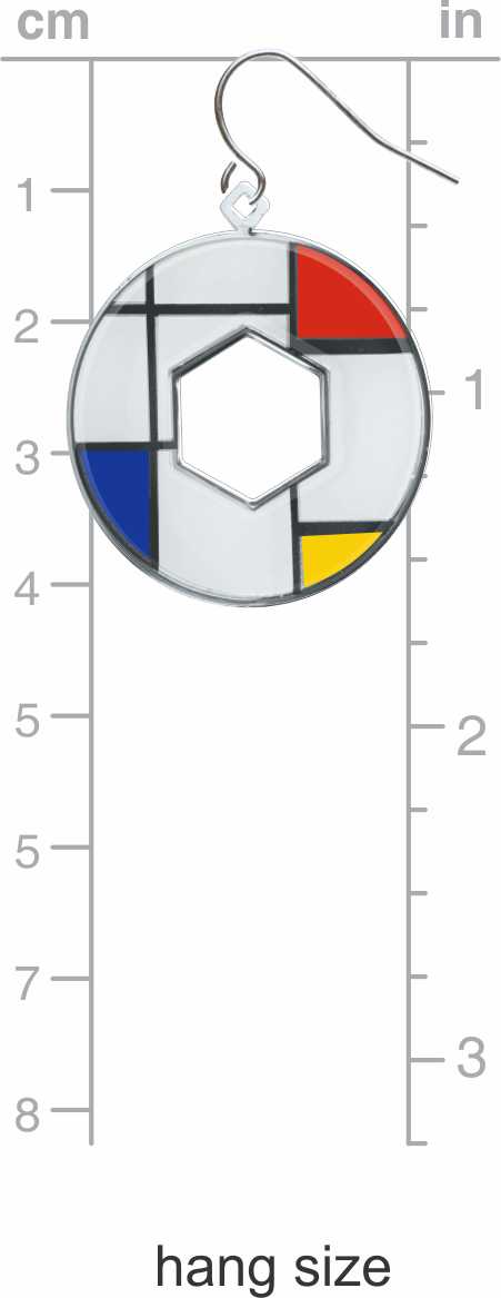 Utopia geometric circular dangle earring shown on a sizing chart, featuring Mondrian-inspired red, blue, yellow, black, and white enamel details with an open hexagon center.
