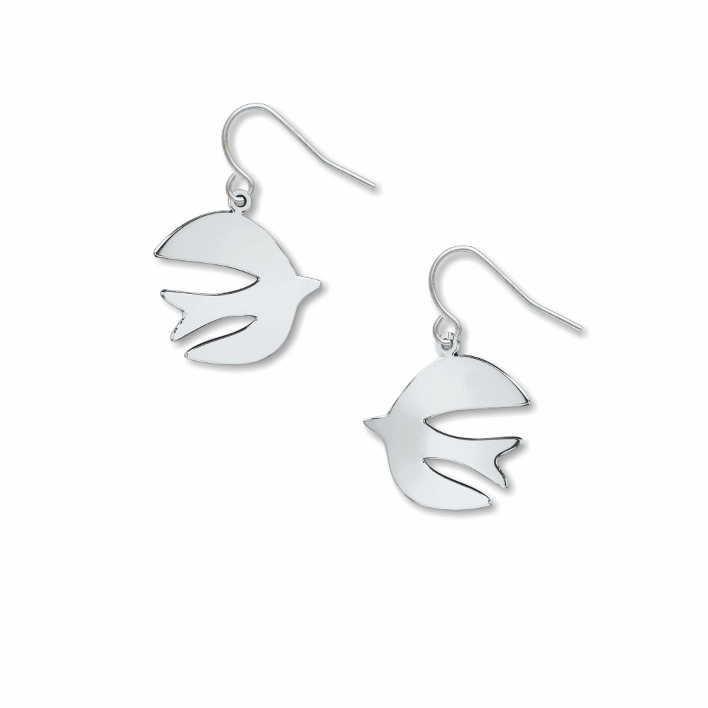 After Matisse A Bird silver-tone dangle earrings featuring abstract bird silhouettes inspired by Matisse paper cutout artwork.