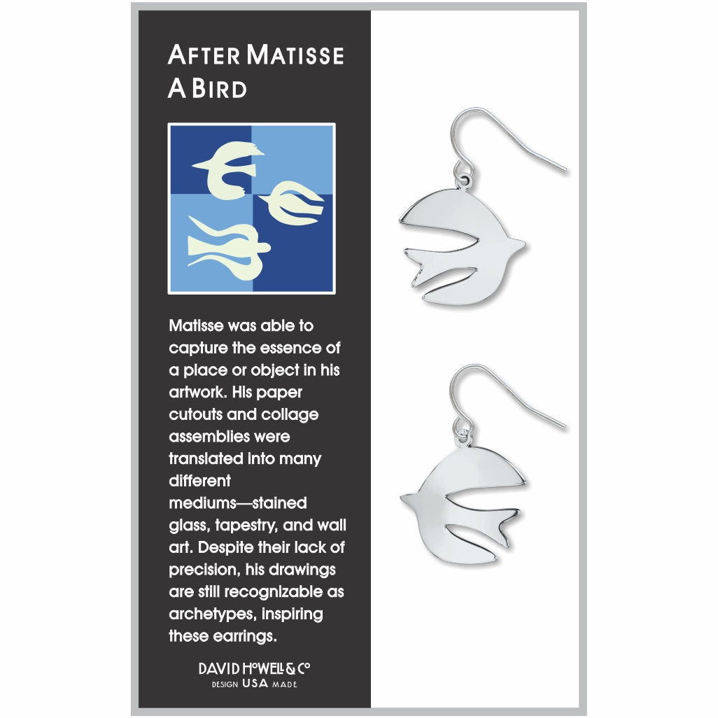 After Matisse A Bird silver-tone dangle earrings inspired by Matisse paper cutout artwork, featuring abstract bird silhouettes with minimalist open-cut details.