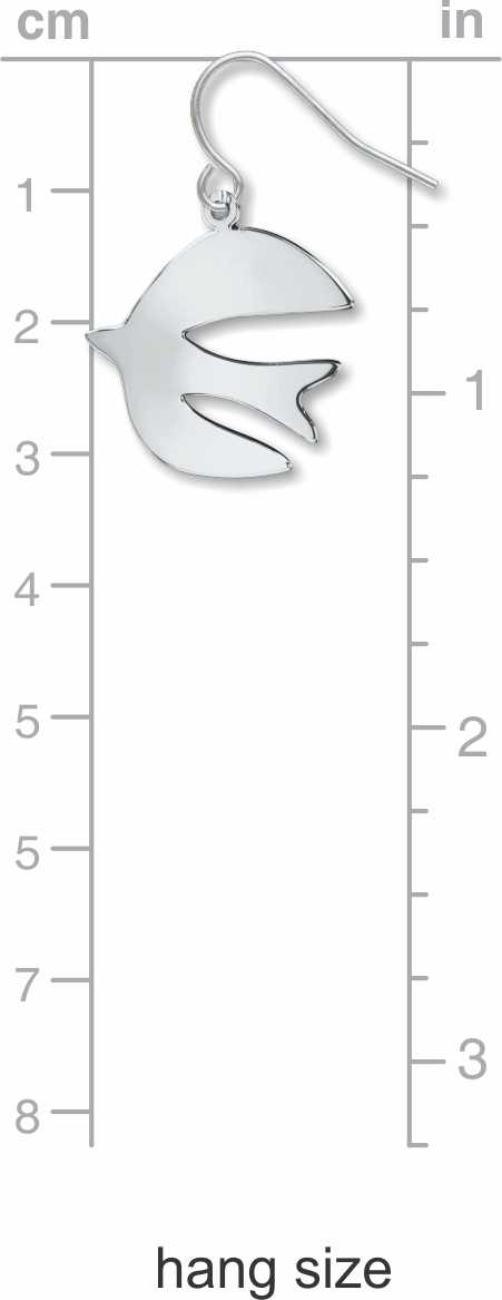 After Matisse A Bird silver-tone dangle earring shown on a sizing chart, featuring an abstract bird silhouette inspired by Matisse paper cutout artwork.