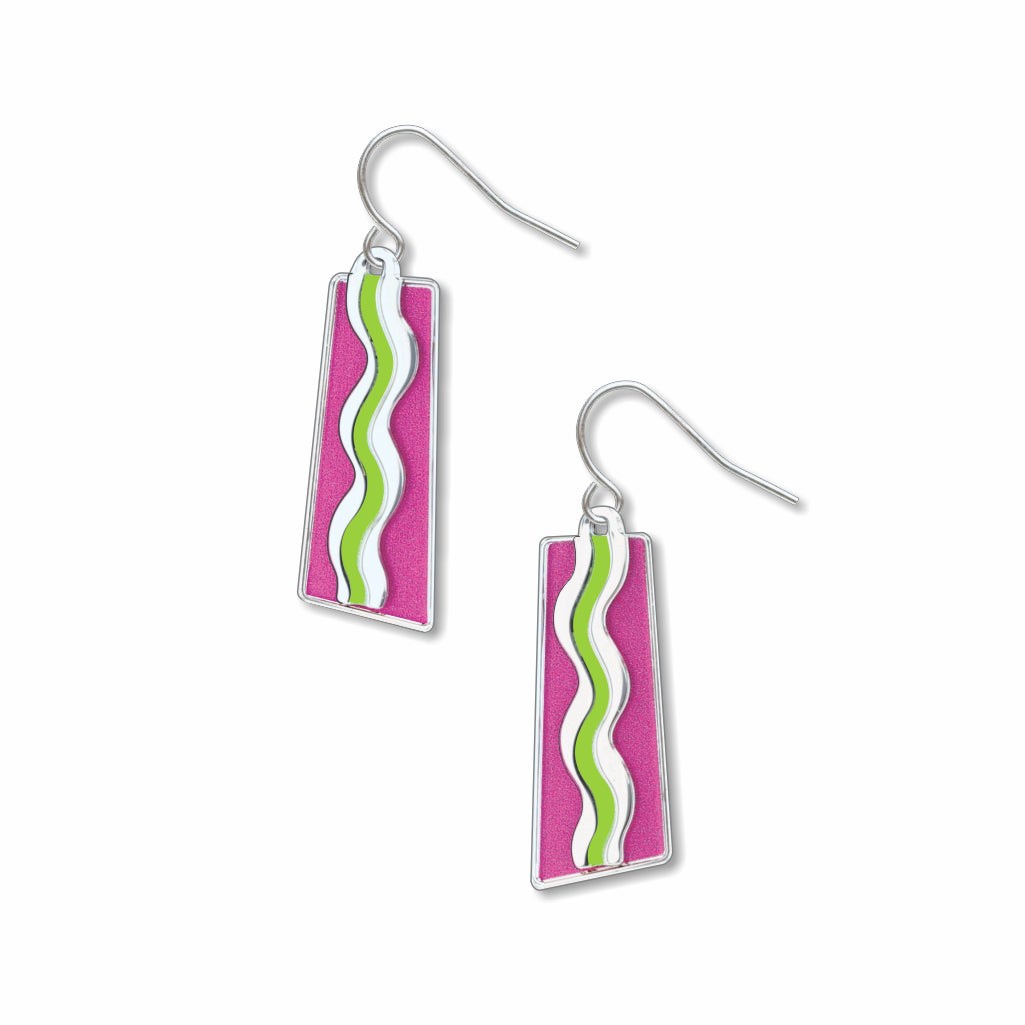 Pair of Matisse & the Fauves earrings featuring vibrant pink rectangular enamel drops with flowing white and green wave patterns inspired by Henri Matisse’s Fauvist color studies.