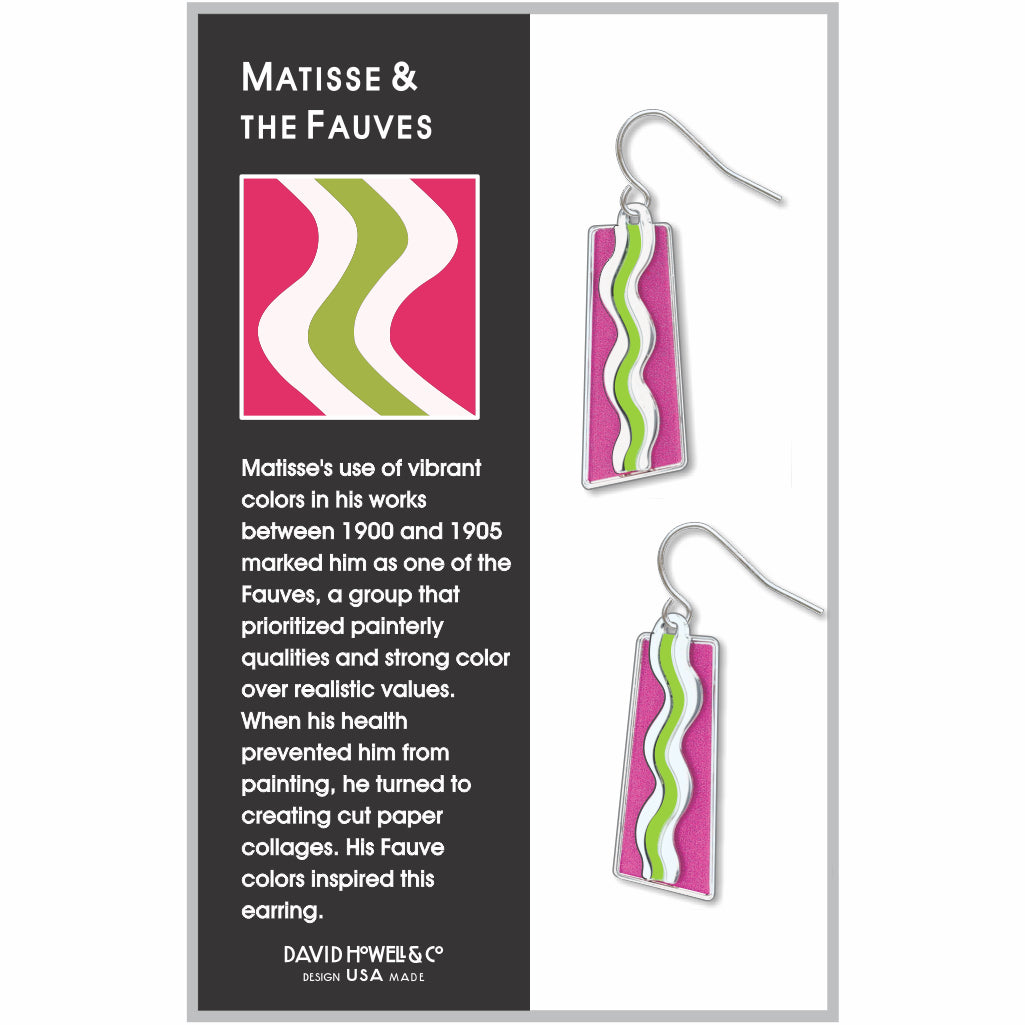 Matisse & the Fauves earrings inspired by Henri Matisse’s bold Fauvist color palette, featuring flowing white and green wave designs on vibrant pink enamel rectangular drops.