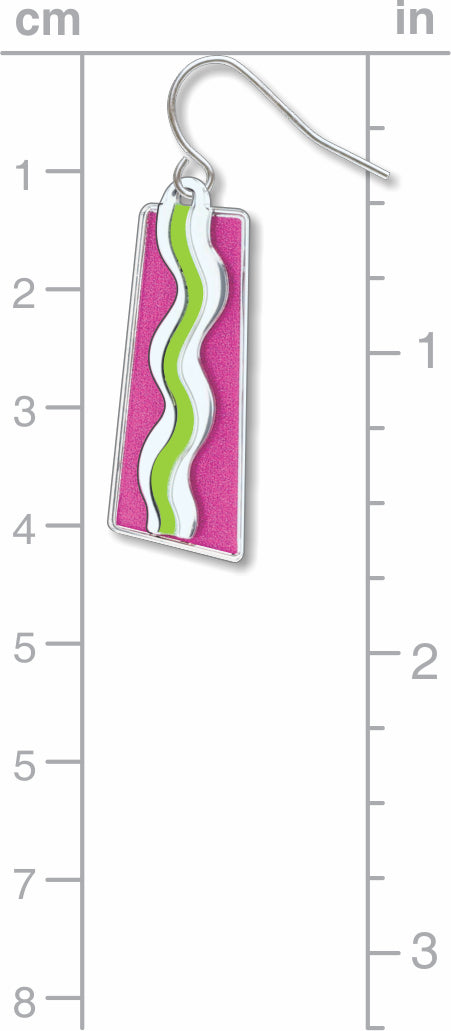 Matisse & the Fauves earring shown with hang size scale, featuring flowing white and green wave motifs on a vibrant pink rectangular enamel drop inspired by Henri Matisse’s Fauvist color palette.