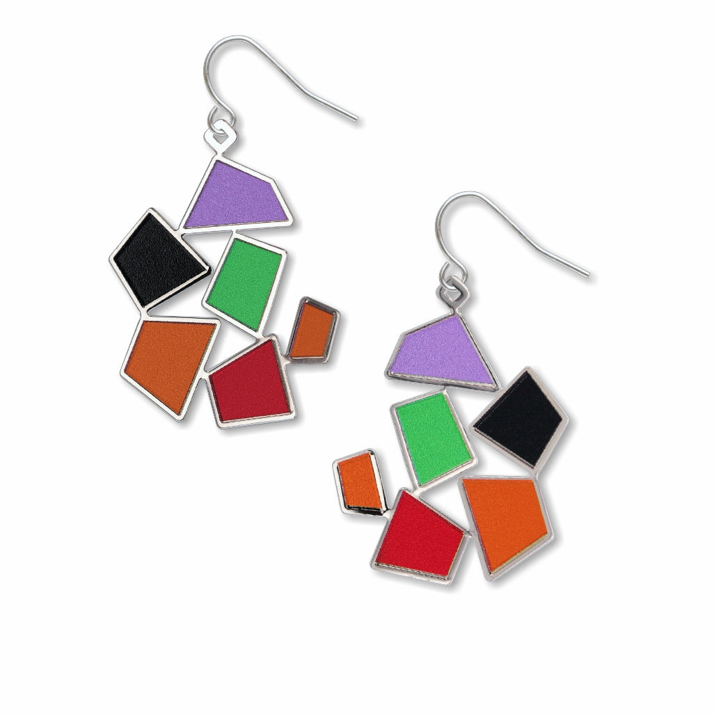 After Matisse Snail earrings featuring vibrant geometric shapes in purple, green, red, orange, and black inspired by Henri Matisse’s abstract collage artwork.