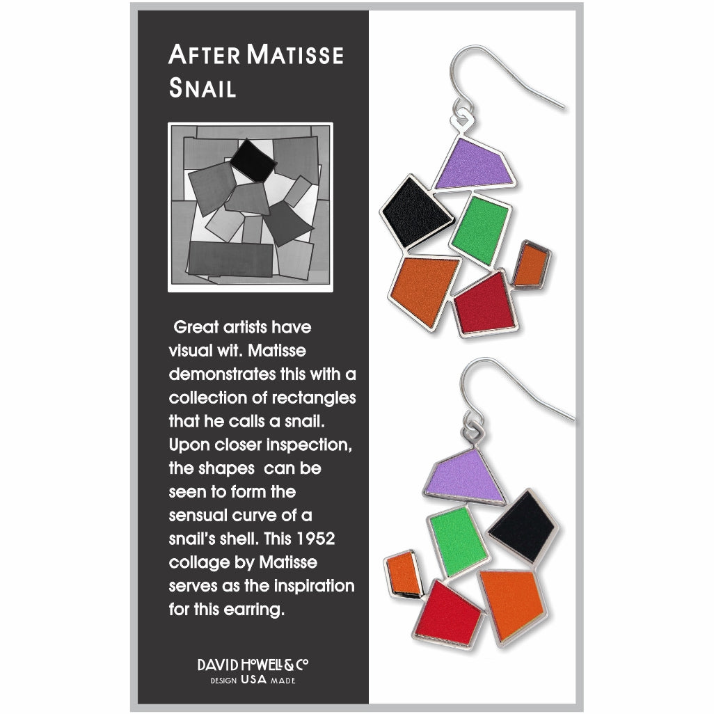 After Matisse Snail earrings inspired by Henri Matisse’s iconic collage work, featuring colorful geometric shapes in a playful abstract arrangement.