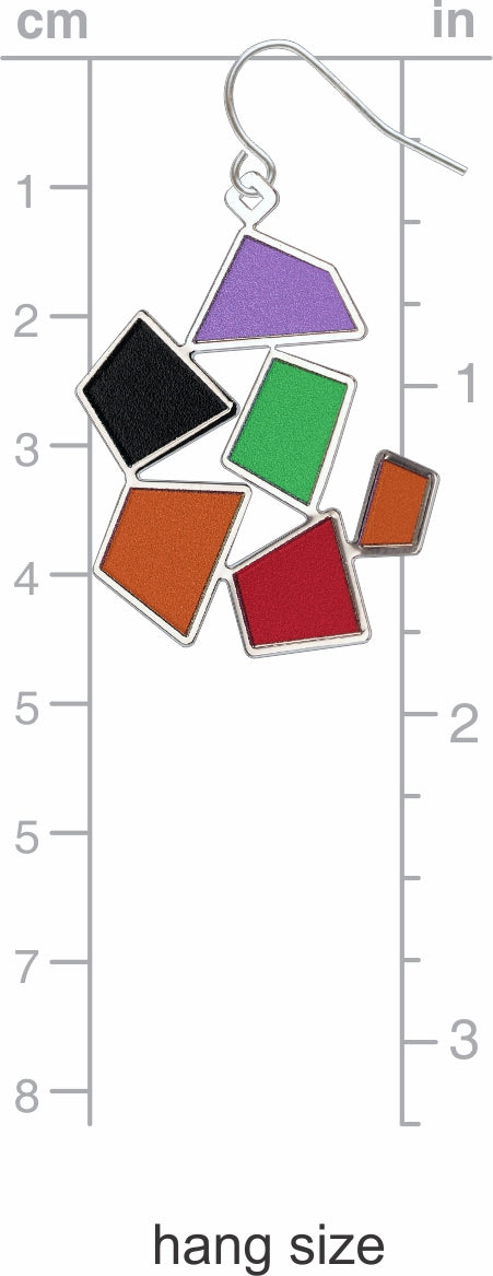After Matisse Snail earring shown with hang size scale, featuring colorful abstract enamel shapes inspired by Henri Matisse’s famous collage composition The Snail.
