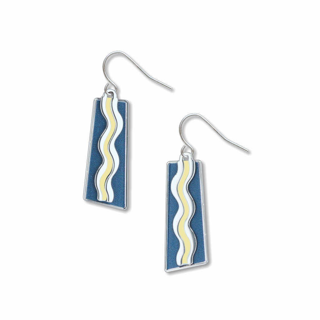 Pair of Matisse & the Fauves earrings with elongated rectangular drops featuring flowing cream and yellow wave designs against deep blue enamel backgrounds.