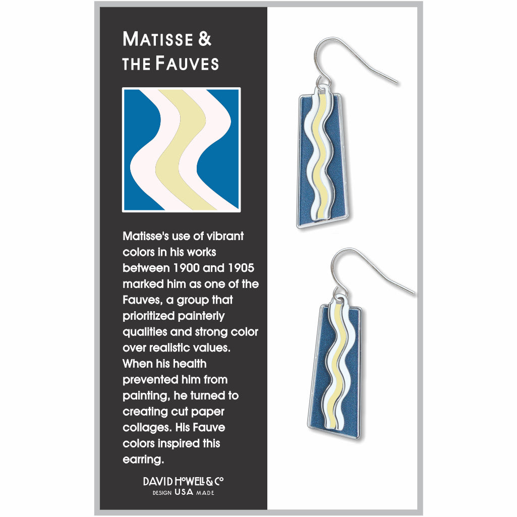 Matisse & the Fauves earrings featuring bold blue, cream, and yellow wave patterns inspired by Henri Matisse’s Fauvist color studies and paper collage designs.