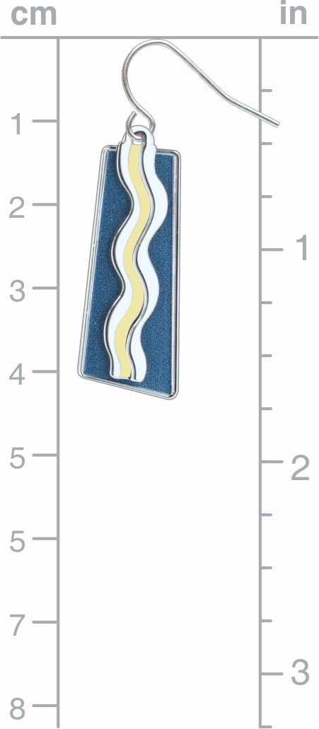 Matisse & the Fauves earring shown with hang size scale, featuring flowing cream and yellow wave designs layered over a deep blue rectangular enamel background.