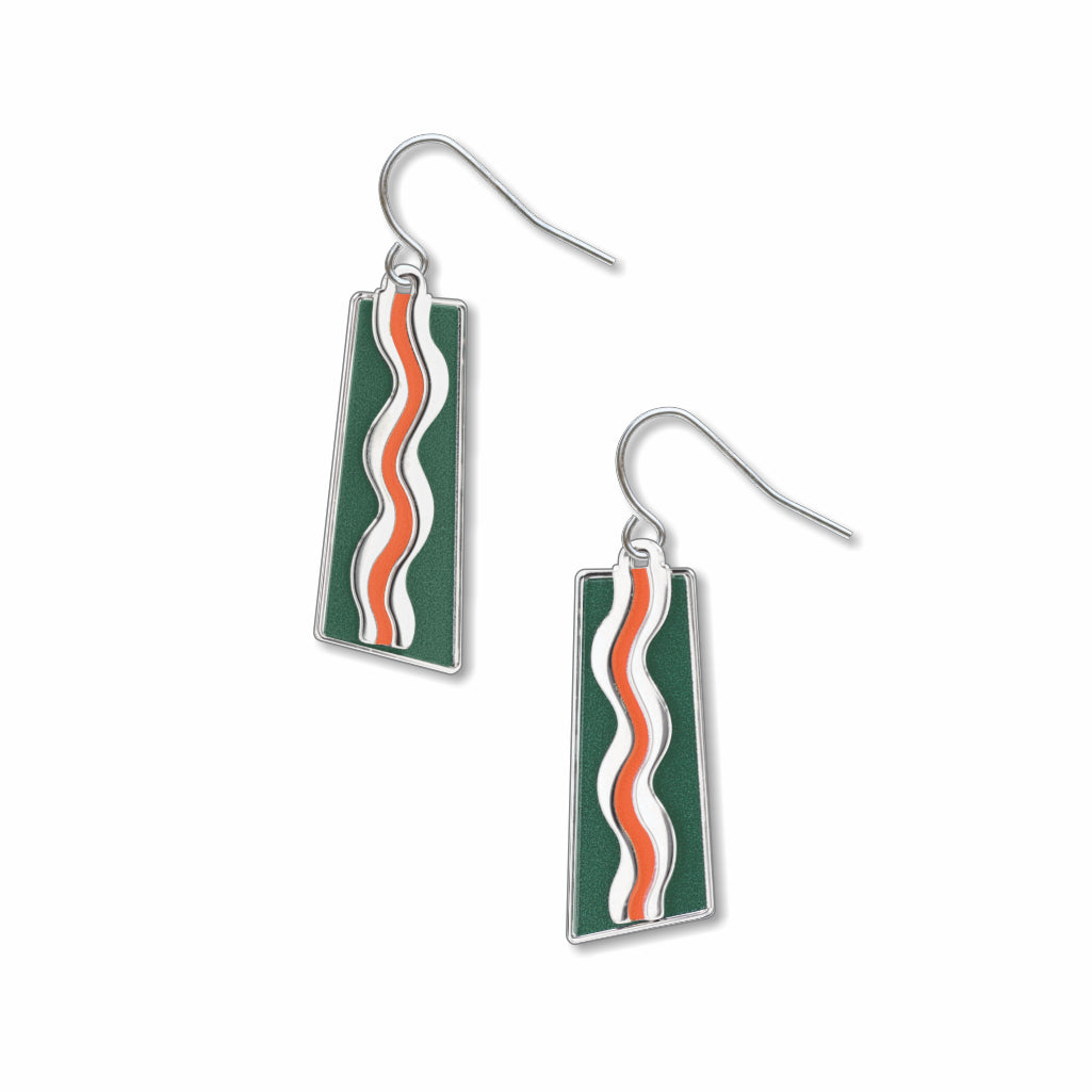 Pair of Matisse & the Fauves earrings featuring deep green rectangular enamel drops with flowing orange and white wave patterns inspired by Henri Matisse’s Fauvist artwork.