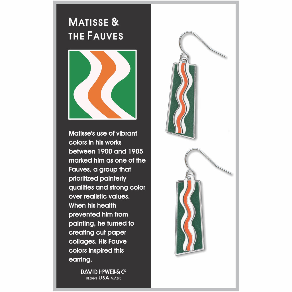 Matisse & the Fauves earrings inspired by Henri Matisse’s Fauvist color palette, featuring flowing orange and white wave designs on deep green rectangular enamel drops.